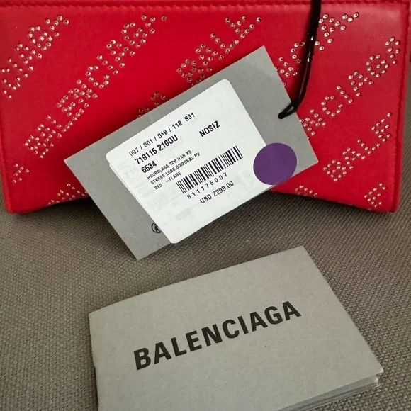 Balenciaga Hourglass Red Leather Crystals-Logo Top Handle Mini Bag, NWT! - Picture 10 of 11